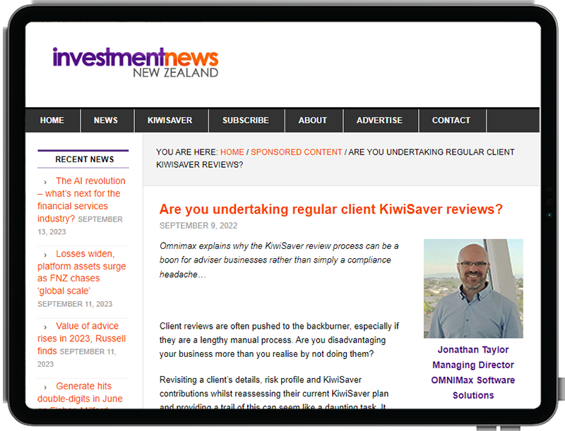 Screenshot of an Investment News article titled 'Are you undertaking regular client KiwiSaver reviews?'