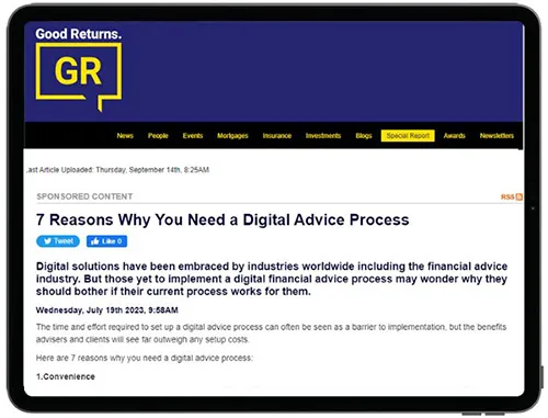 Screenshot of a Good Returns article titled '7 Reasons Why You Need a Digital Advice Process'