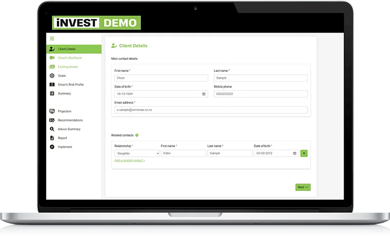 Screenshot of Investment Adviser Tool by OMNIMax, on the Client Details screen, on a laptop