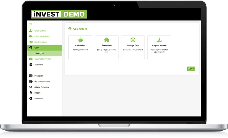 Screenshot of Investment Adviser Tool by OMNIMax, on the Add Goals screen, on a laptop