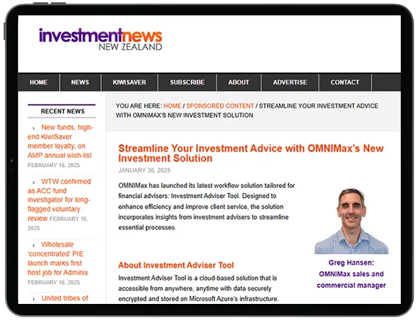Screenshot of Investment News article about OMNIMax's new Investment Advice Solution