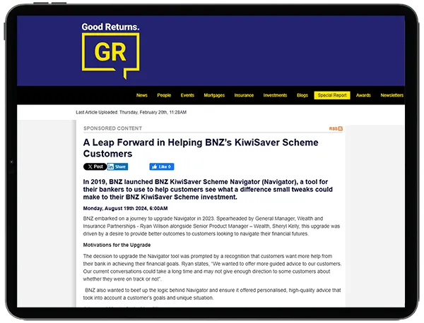 Screenshot of Good Returns article about BNZ's KiwiSaver Scheme Navigator, built by OMNIMax