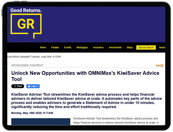 Screenshot of a Good Returns May 2025 article about OMNIMax's KiwiSaver Adviser Tool