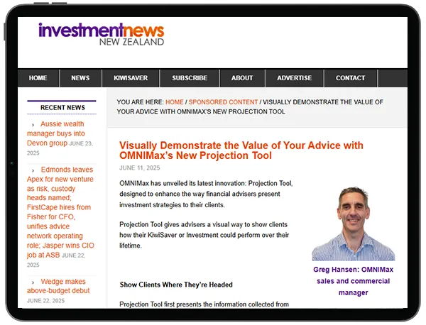 Screenshot of an Investment News article about OMNIMax's new Projection Tool